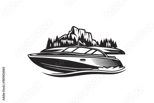 A sleek black speedboat cuts through water near pine trees and a mountain