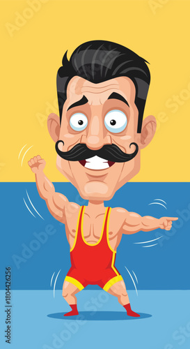 A funny cartoon caricature of a vintage strongman with a big mustache wearing a red wrestling singlet.