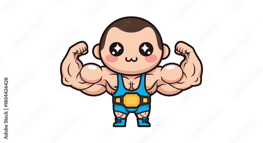 Fototapeta premium A cute cartoon wrestler flexing his huge biceps with a championship belt.