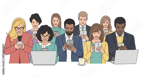 diverse people intently using smartphones tablets and laptops illustrating modern digital communication technology engagement and social media connectivity in contemporary life.
