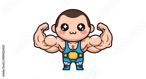 A cute cartoon wrestler flexing his huge biceps with a championship belt.