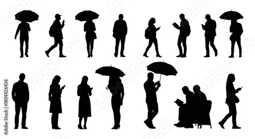 diverse people silhouettes in various urban poses walking reading phone use holding umbrellas depicting modern daily life for graphics.