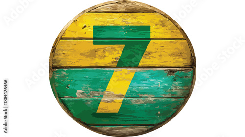 Green and Yellow Wooden Circle with Number 7 on It - Abstract Design Concept