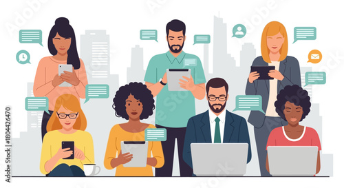 diverse people using digital devices for modern communication social networking and global connectivity in an urban setting.