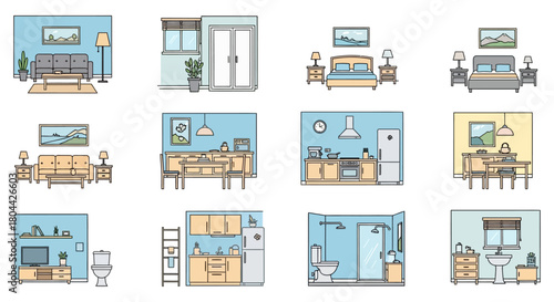 collection of flat design home interior room scenes minimalist illustrations with furniture and appliances perfect for architectural plans and real estate.