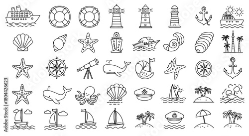 collection of nautical and travel line art icons for summer vacations marine adventures web design and digital graphics.