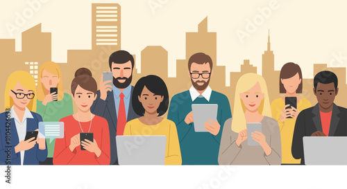 diverse group uses phones tablets laptops for communication work in urban setting highlighting digital connectivity modern lifestyle.