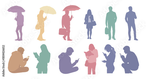 diverse human silhouettes in everyday actions umbrellas reading smartphones ideal for modern urban life and technology illustration.