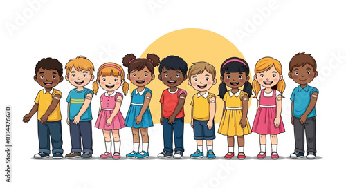 diverse happy children proudly display vaccination band-aids symbolizing successful childhood immunization and global public health initiatives.