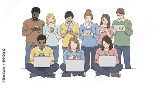 diverse individuals engrossed in smartphones tablets and laptops illustrating digital connectivity social media and online interaction.
