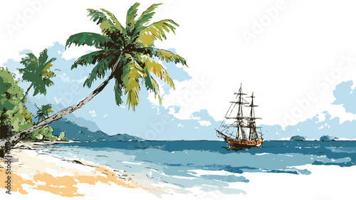 Tropical Beach Painting with Palm Tree and Ship - Relaxing Seascape Artwork