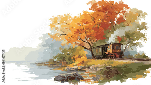 Scenic Autumn Lake Train Painting with Vibrant Fall Leaves Vector Illustration