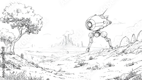 Robotic Eye Exploring Alien Landscape Vector Illustration