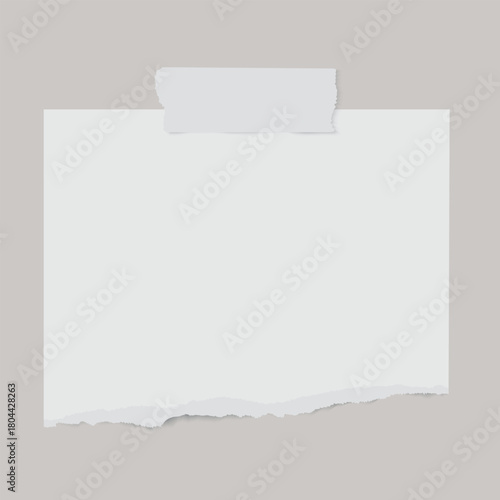 Vector realistic torn paper with adhesive tape and shadow on transparent background.