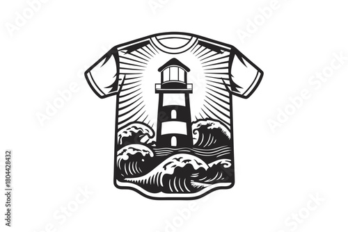 A stylized shirt showcasing a monochrome lighthouse facing turbulent waves with radiating sunbeams above it