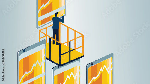 Dynamic stock market analysis banner showcasing a trader examining complex financial charts and graphs with vibrant color overlays representing data visualization and investment strategy