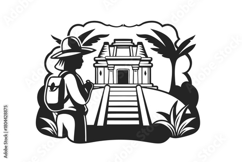 A woman explorer wearing hat looks toward an old temple monument through trees