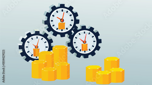 Concept of time as money with clock gears filled with gold coins symbolizing financial value and investment