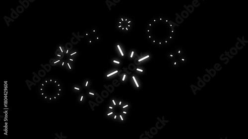 White Neon Glow Fireworks Burst and Dots on Black Background Keywords: fireworks, celebration, burst, explosion, spark, starburst, abstract, graphic, design, element, simple, minimalist, neon glow