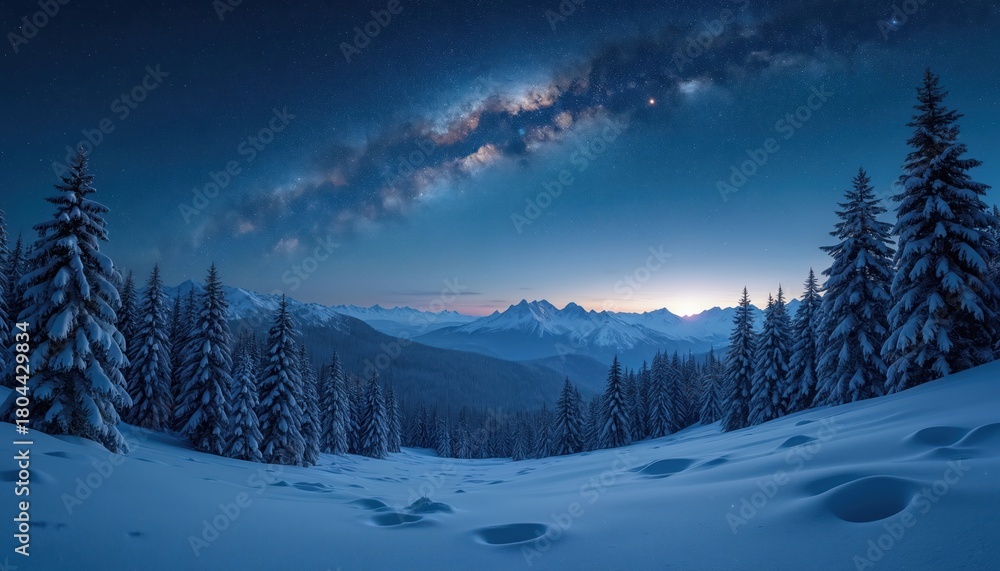 Fototapeta premium Snowy forest landscape under starry night sky. Mountains in distance glow with twilight. Deep space galaxy stretches above quiet winter scene.