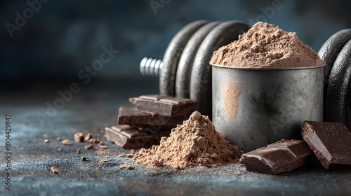 Powerful image of chocolate protein powder, a heavy dumbbell, and a container on a dark, textured surface, with pieces of dark chocolate.