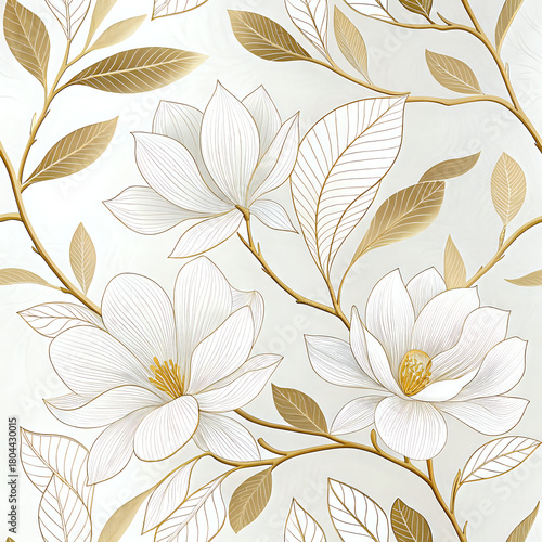 Elegant White Magnolia Pattern with Thin Gold Outlines in Minimal Luxury Style
