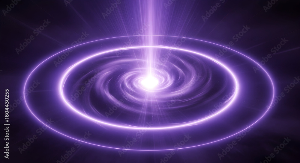 Obraz premium An abstract digital rendering of a purple energy beam emanating from a swirling vortex surrounded by concentric rings.