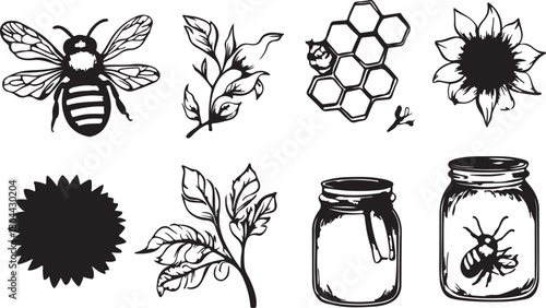 A pattern of various herbs and spices with honey, flowers, grape vines, and ripe autumn berries