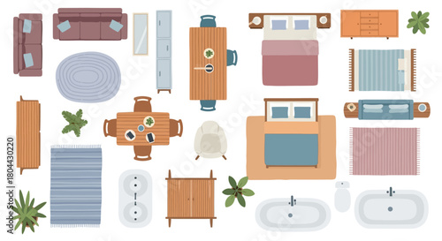 diverse top view modern household furniture for interior design home planning and architectural floor plan layouts.