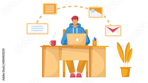 Young man sitting at a desk focused on his laptop with a blue overlay representing modern work or study