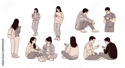diverse young men and women intently using smartphones in various poses illustrating modern digital communication and screen time