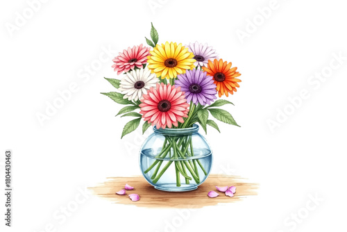 Gerbera flowers vector in glass vase. Creative arrangement with colorful daisy blooms. Fresh floral blossoms home decor concept with petals.
