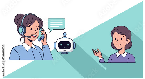 female customer service agent and ai chatbot working together to provide customer support highlighting modern hybrid service solutions.