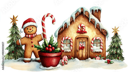  watercolor gingerbread house, with red and white striped candy cane trees, 