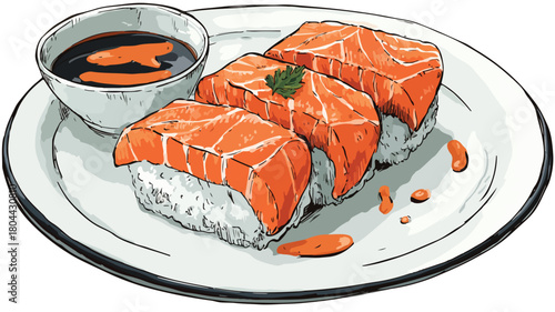 Adorable Cartoon Salmon Sushi in Shoyu Sauce for Foodies and Japanese Cuisine Lovers
