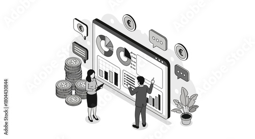 financial analysis and market trends reviewed by a business team on a large data visualization screen illustrating strategic financial planning.