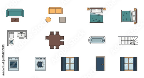 floor plan icons diverse furniture kitchen appliances bathroom fixtures architectural elements for detailed interior design layouts.