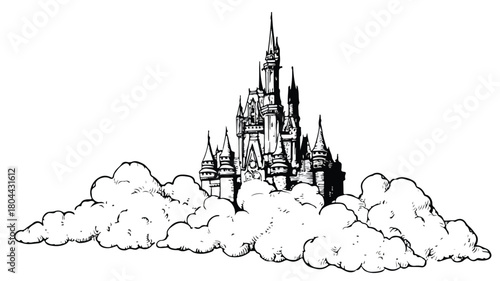 Enchanting Fairy Tale Castle in the Clouds with Outline, Isolated Vector Illustration