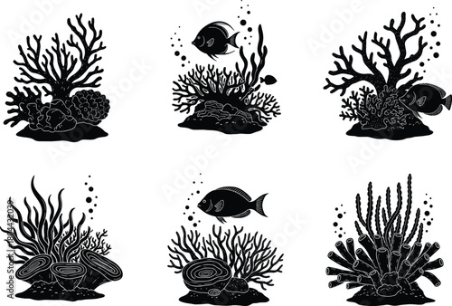 Underwater coral reef silhouette illustration with tropical fish, seaweed, sponges, and marine plants in ocean ecosystem vector design art