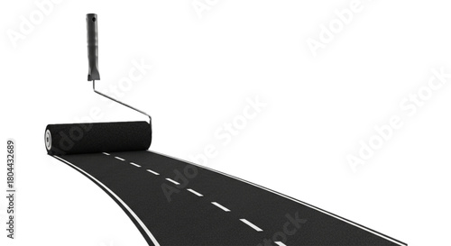 Paint roller creating an asphalt road curve, isolated on black background.