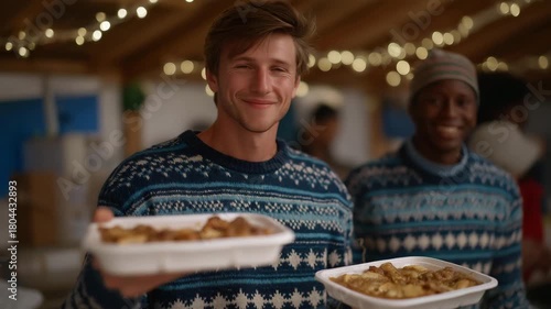 Caring volunteers in festive sweaters serving hot Christmas meals to homeless individuals in a cozy shelter dining hall, surrounded by cheerful decorations and twinkling lights — powerful concept
