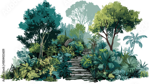 Exotic Lush Tropical Jungle Trail with Outline Isolated on White Vector Graphic