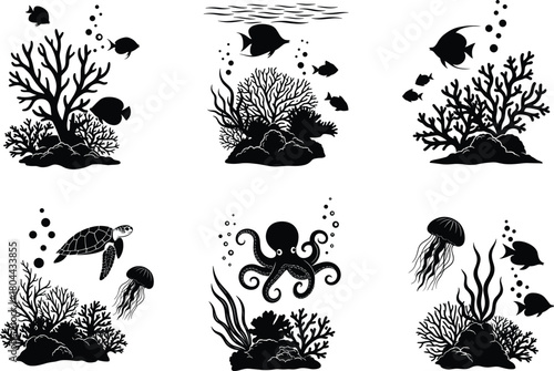 Underwater marine life silhouette illustration showing coral reef, fish, octopus, jellyfish, and turtle in ocean ecosystem vector design art