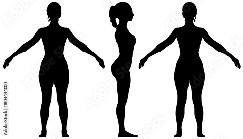 A female silhouette in a shirt and underwear stands with arms outstretched against a stark white background. The repeated figure creates a striking, minimalist composition.