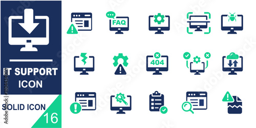 IT support and troubleshooting icons including error ,FAQ and more vector illustration solid icon