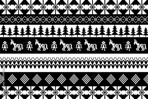 Black and white pixel art pattern featuring riders, horses, trees, and geometric tribal motifs arranged in bold decorative rows. 