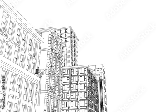 Black and white contour drawing of a city street scene with tall buildings and numerous windows. The minimalist illustration stands out against a plain white background.