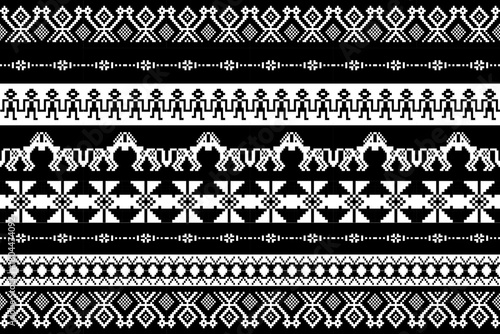 Black and white pixel art pattern featuring riders, horses, trees, and geometric tribal motifs arranged in bold decorative rows. 