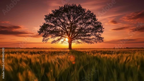 A majestic solitary tree is silhouetted against a breathtaking sunset, standing alone in a vast agricultural field. The warm, golden light of the setting sun creates a beautiful starburst effect throu