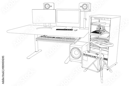 A detailed sketch of a home music studio computer desk with dual monitors, a keyboard, a mouse, speakers, and a rack holding a synthesizer and various objects.